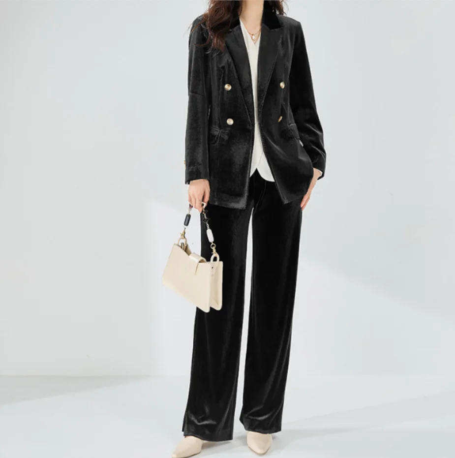Women\'s 2 Piece Velvet Luxury and Elegant Women\'s Suit Classic Fit Double Breasted Pants Woman Blazer