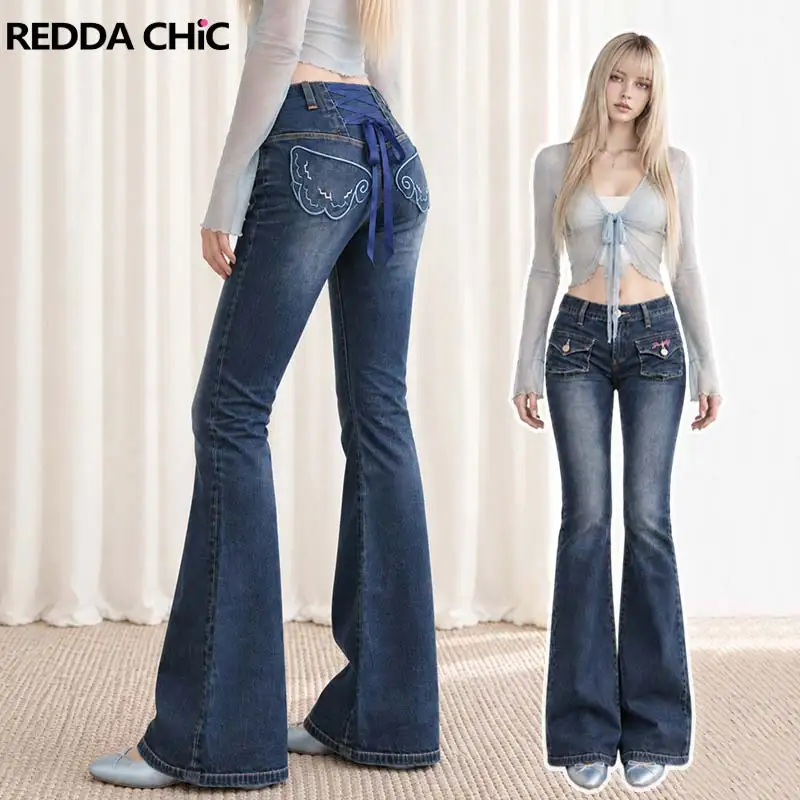 REDDACHiC Wing Embroidery Flared Jeans for Women Sexy Lace Trim Do Old Stretchy Low Waist Bootcut Denim Pants Korean Streetwear