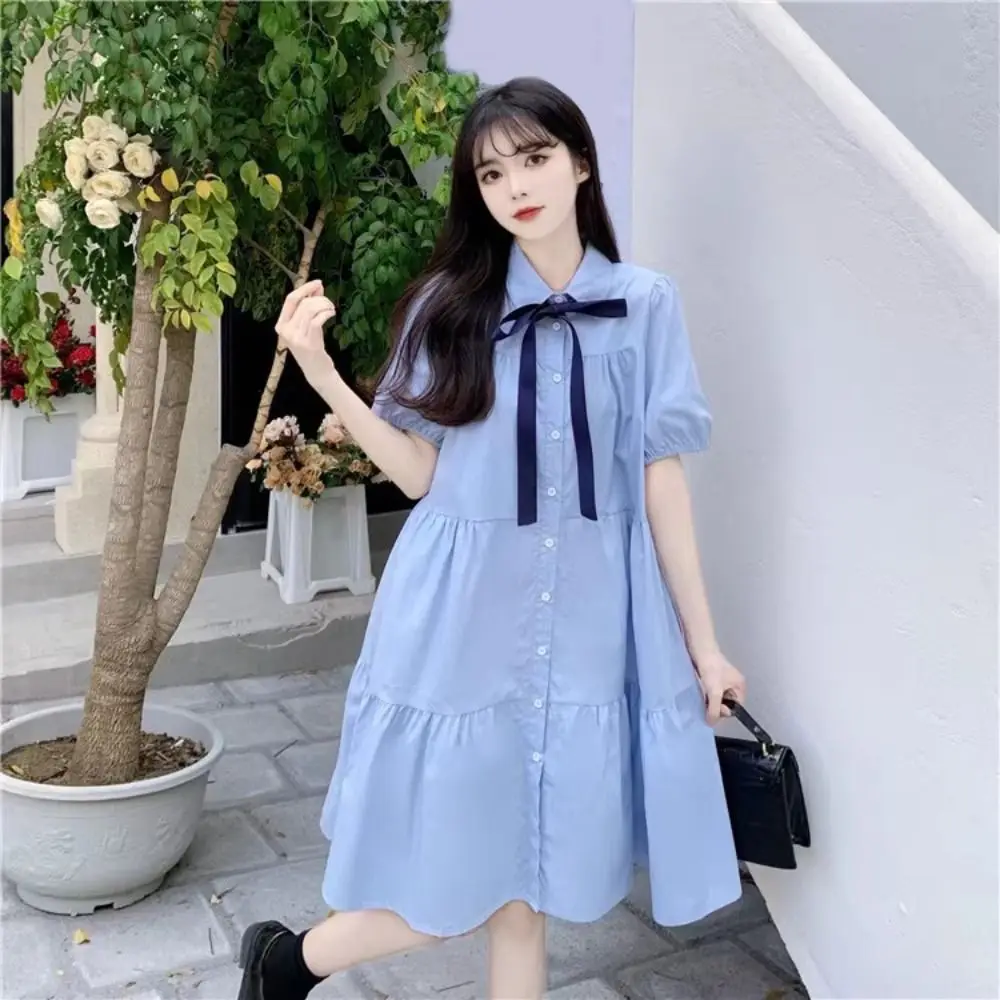 

Ins платье принцессы с бантом для девочек, свободное пышное платье-рубашка с короткими рукавами для подростков, милые детские платья в консервативном стиле, вечерние платья