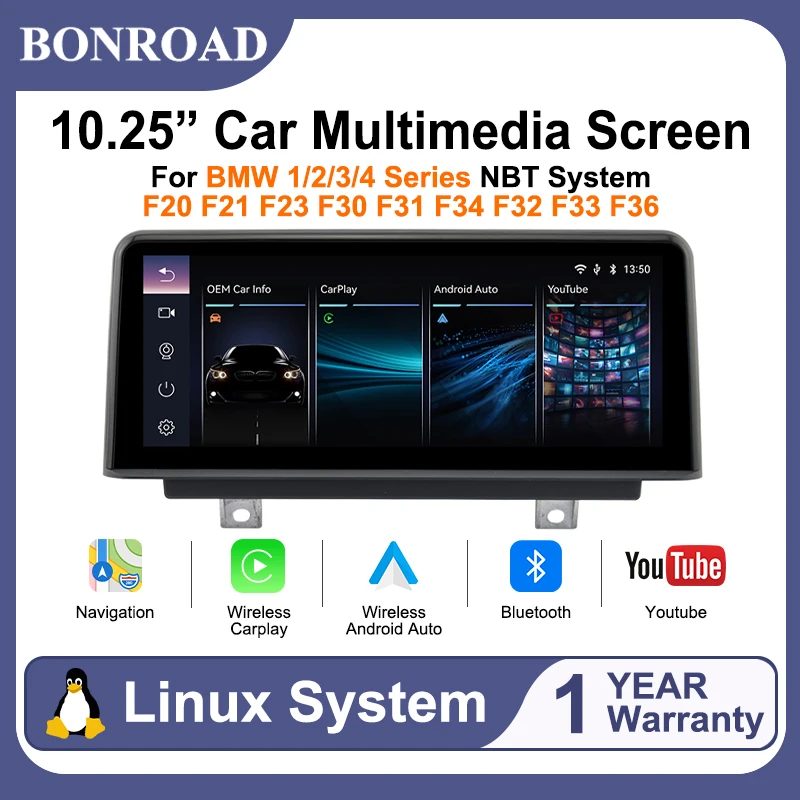 BONROAD Schermo di ricambio multimediale per auto Linux da 10,25" con Carplay wireless e Android Auto per BMW Serie 1 2 3 4 F20 F21 F23 F30 F31 F32 F33 F34 F36 2013-2017 Sistema NBT Bluetooth Youtube