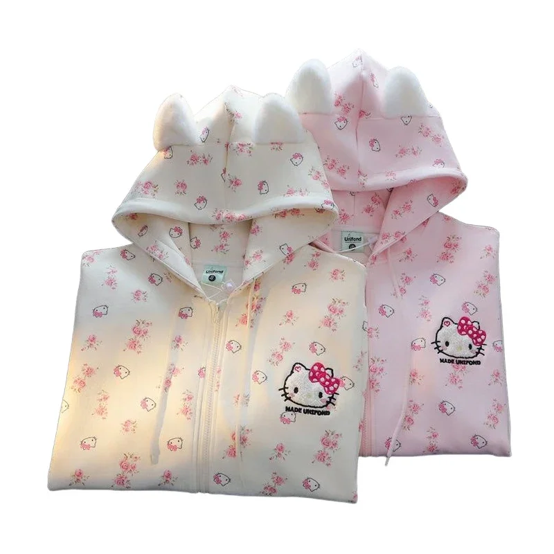 Sanrio Hello Kitty 100% ciężka bawełna 2024 Wiosna Jesień Nowy Kitty Kwiatowy luźny kardigan Cienki sweter z kapturem Kobieta