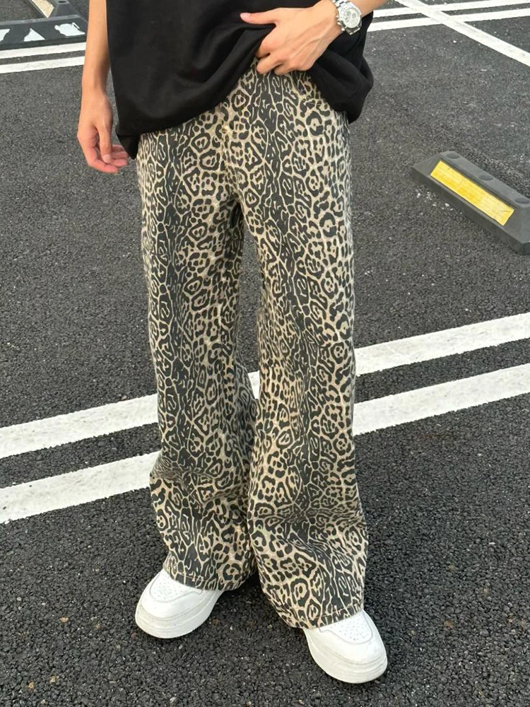 

Мужские джинсы в американском ретро-стиле с леопардовым принтом, летние, модные, свободные, прямые, повседневные, широкие брюки, с высокой талией, из денима, износостойкие