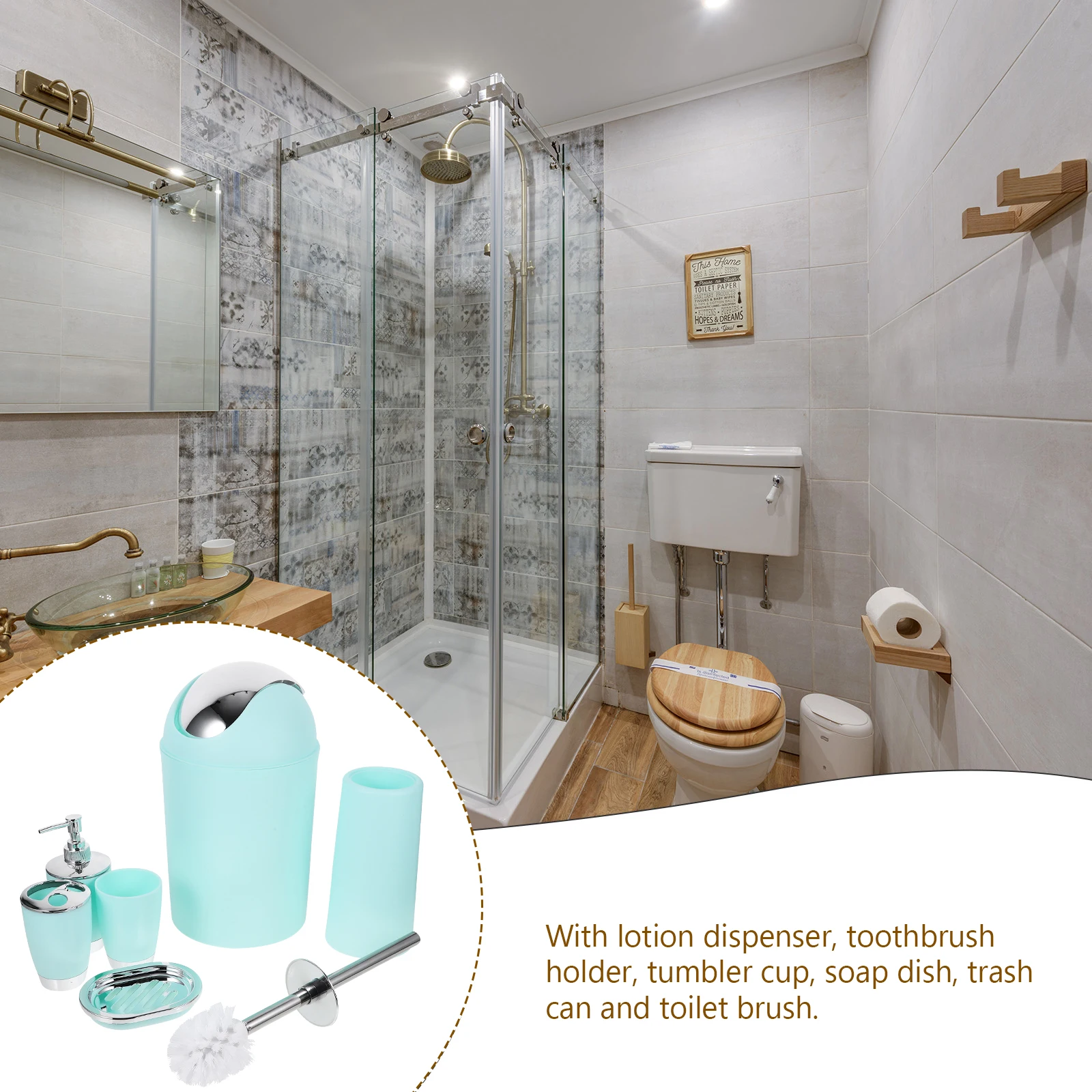 

6pcs Plastic Bathroom Accessory Set Stylish Modern Wipe Design Lotion Dispenser Soap Dish Toothbrush Holder