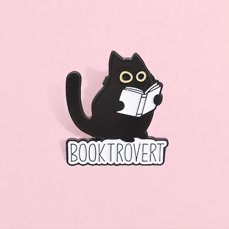 Cartoon BOOKTROVERT Reading Little Black Cat Metal Pin Reading Black Cat Brooch Decoration Badge