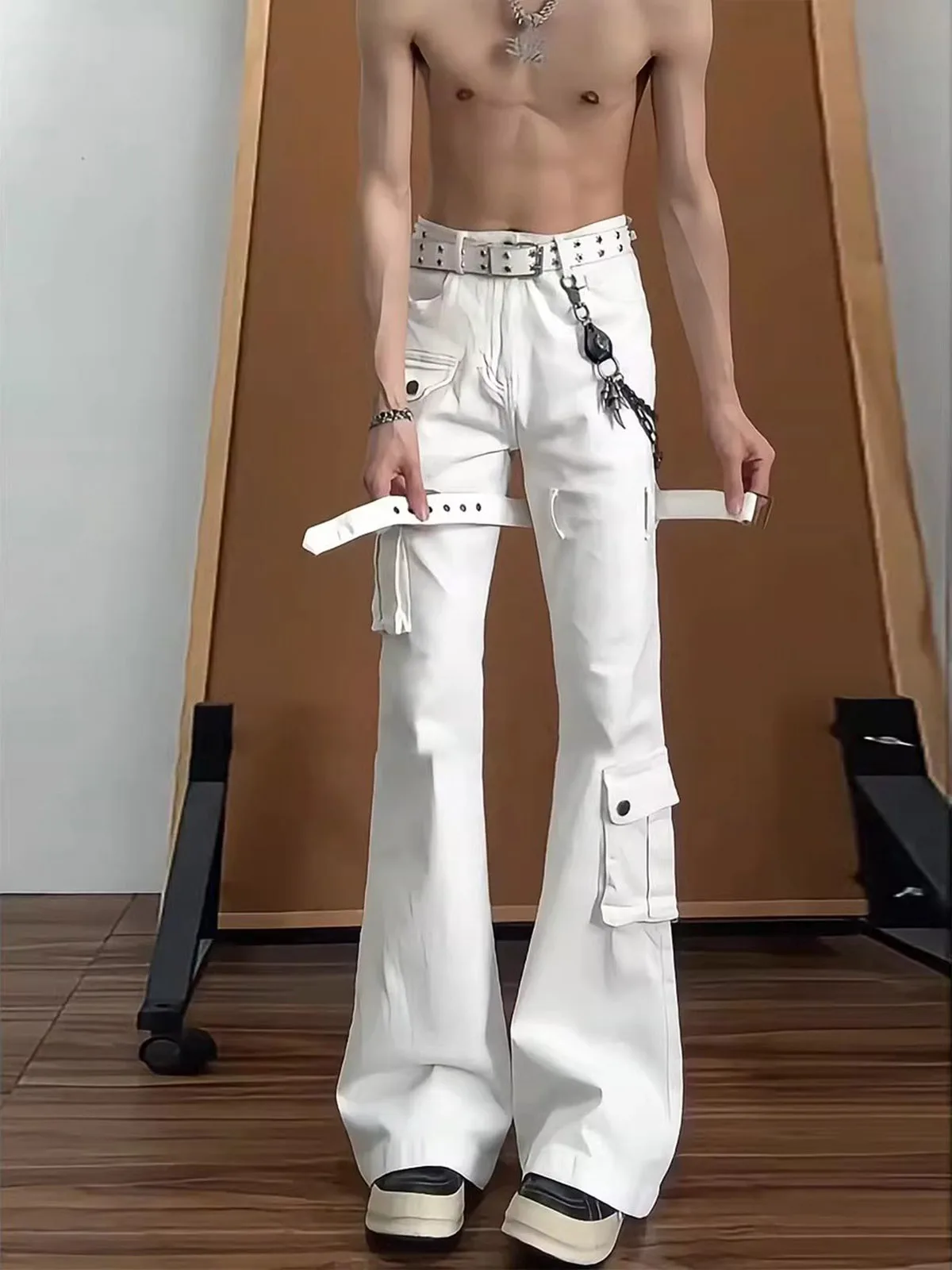 

Белые прямые джинсы унисекс для работы, тонкие, с декоративными завязками, с множеством карманов, брюки-карго