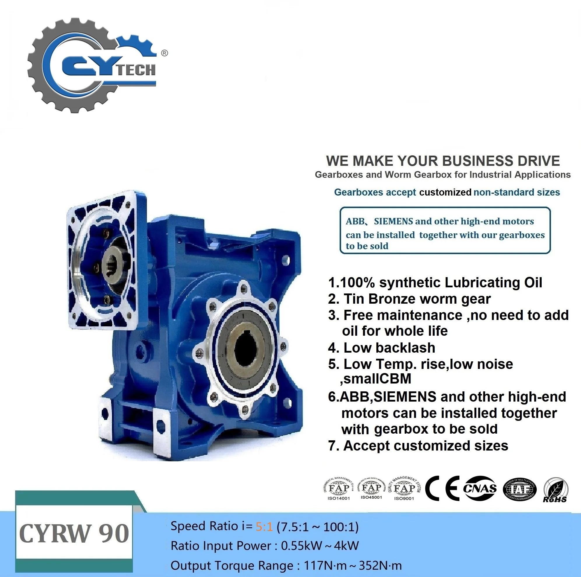 CHENYUE Worm Gearbox CYRW090 Gear Reducer  Input 19/24/28mm Flange80B5,80B14,90B5,100B14 Output 35mm Ratio 5:1-100:1