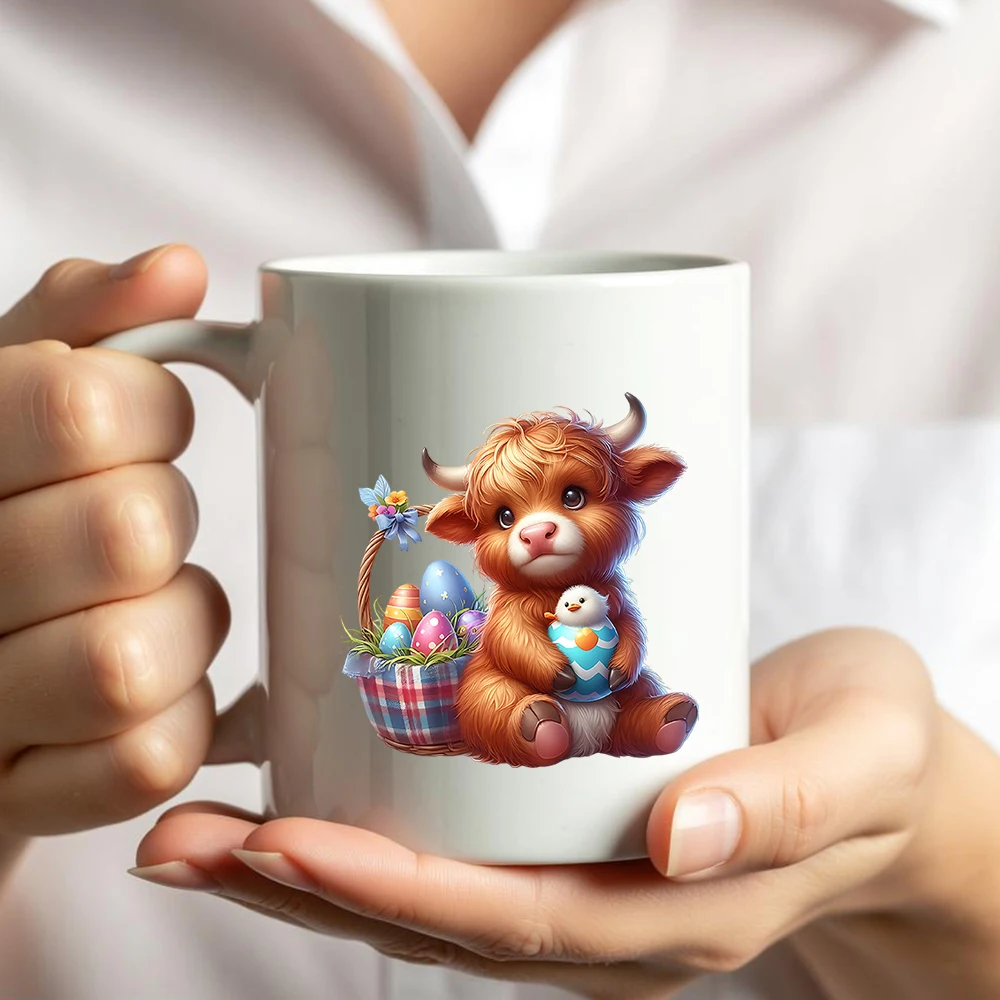 12pcs/Sheet Easter Flower Highland Cattle DIY UV DTF Rub On Transfer Stickers Glass Mug Cup Wraps Journal Scrapbooking Crafts