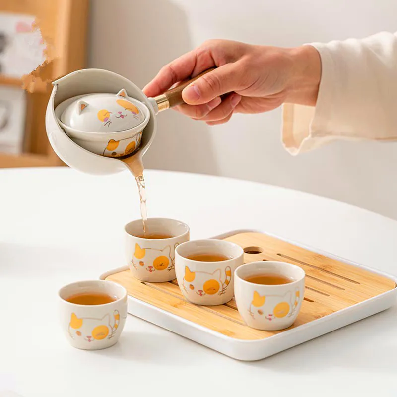 Rotate Tea Set Gongfu Tea Set Lucky Cat Portable Teapot Set Tea Maker Infuser Portable Travel Tea Cup Set Of 6 Tea Set Porcelain