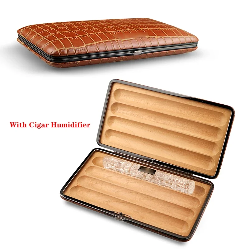 Portable Leather Cigar Case Cuba Cigar Box Moisturizer Cedar Wood 4Cigars Humidor Humidifier Cigar Smoking Accessories Men Gift