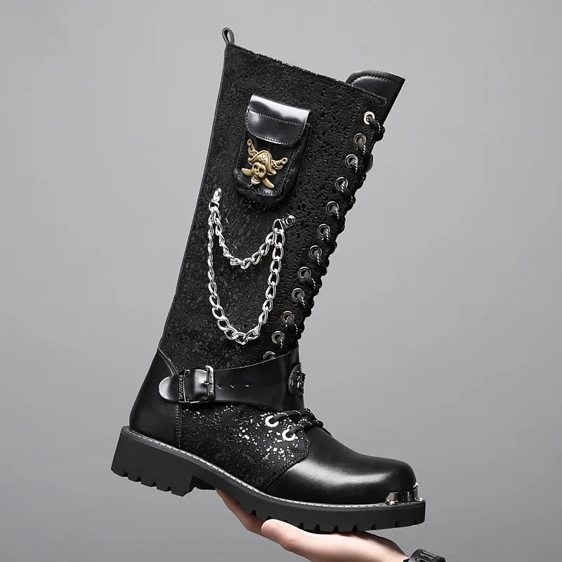 

Men's Knee High Skull Motorcycle Boots Gothic Punk Cowboy Boots Round Toe Platform Chunky Sole Lace-Up Chain Decor Stage Shoes