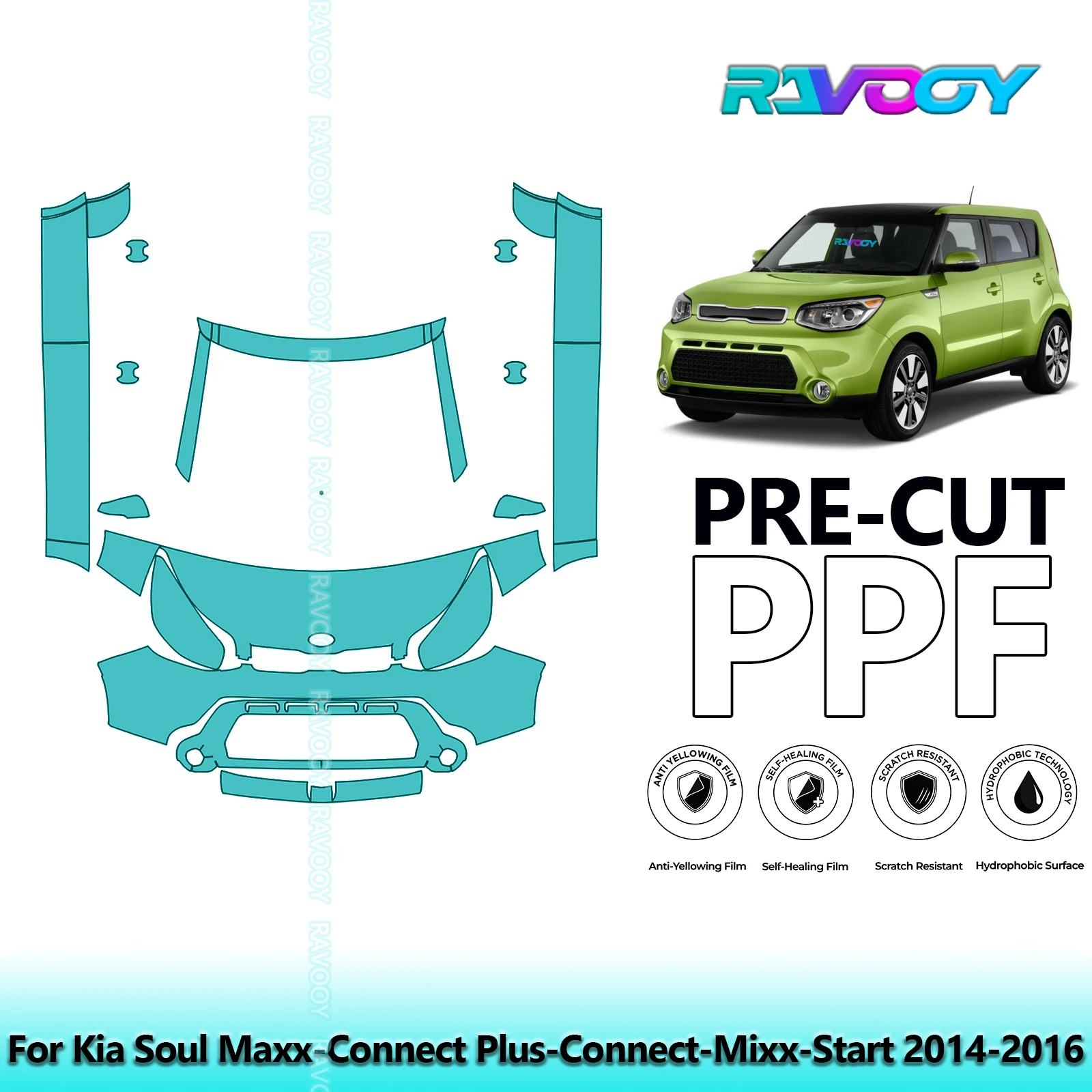 

8.5Mil Precut Paint Protection Film PPF Clear Bra Front Kit+Rockers For Kia Soul Maxx-Connect Plus-Connect-Mixx-Start 2014-2016