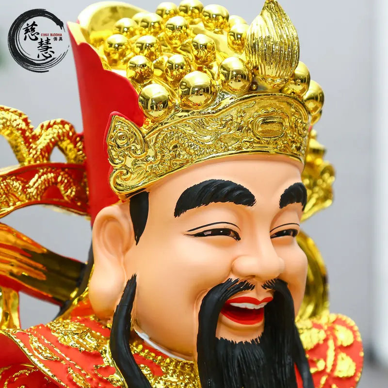 Resin Buddha statue, fiberglass gilt painted red clothes, ingot text, God of Wealth Lucky Buddha statue