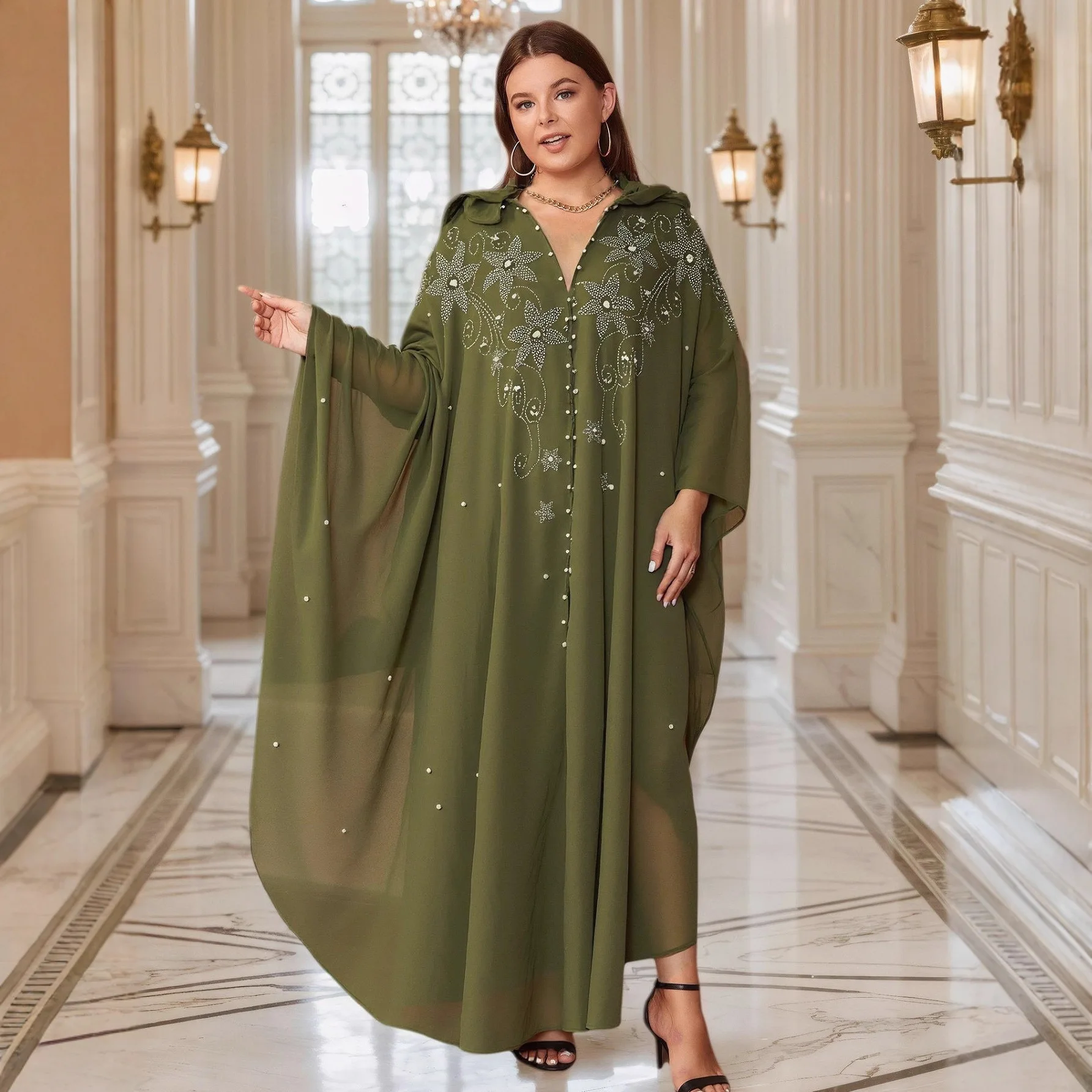 Элегантное африканское женское шифоновое праздничное платье Дубай с жемчугом и бриллиантами, с капюшоном, Абая, мусульманское платье с рукавами «летучая мышь», открытое кимоно Boubou, марокко, кафтан