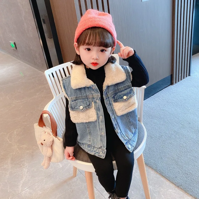RAISE Winter Children Girl Faux Fur Waistcoat Fleece Thicken Kidsgirl Denim Vest Turn Down Collar Toddler Girl Sleeveless Jacket