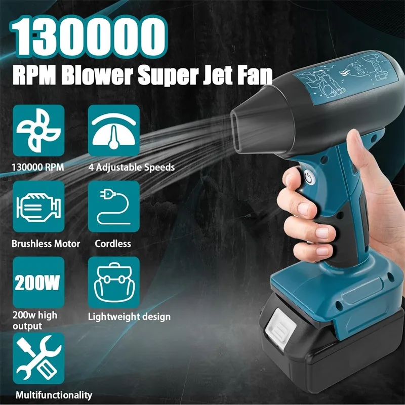 200W Brushless Jet Blower for Dewalt/Makita/Milwaukee/bosch 18V20V Battery 4-Speed Electric violent fan Handheld Dust Blower