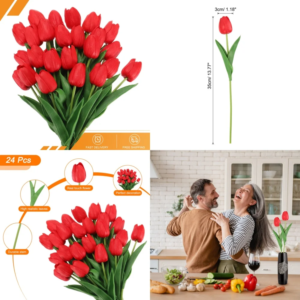 

24 Pack Artificial Tulips Fake Tulip Flowers PU Real Touch Red Silk Flower Bouquet for Home Wedding Decoration Spring Garden