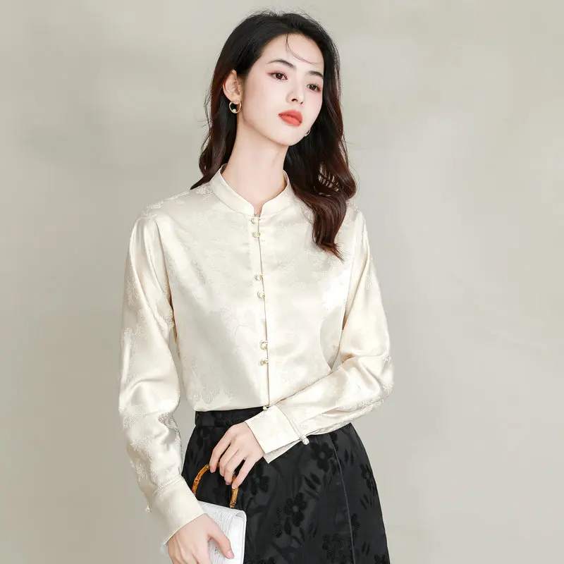 Oriental Aesthetics Office Ladies Silk Jacquard Shirts Mandaric Collar Chic Floral Pattern Tops For Women Han-style Clothing New