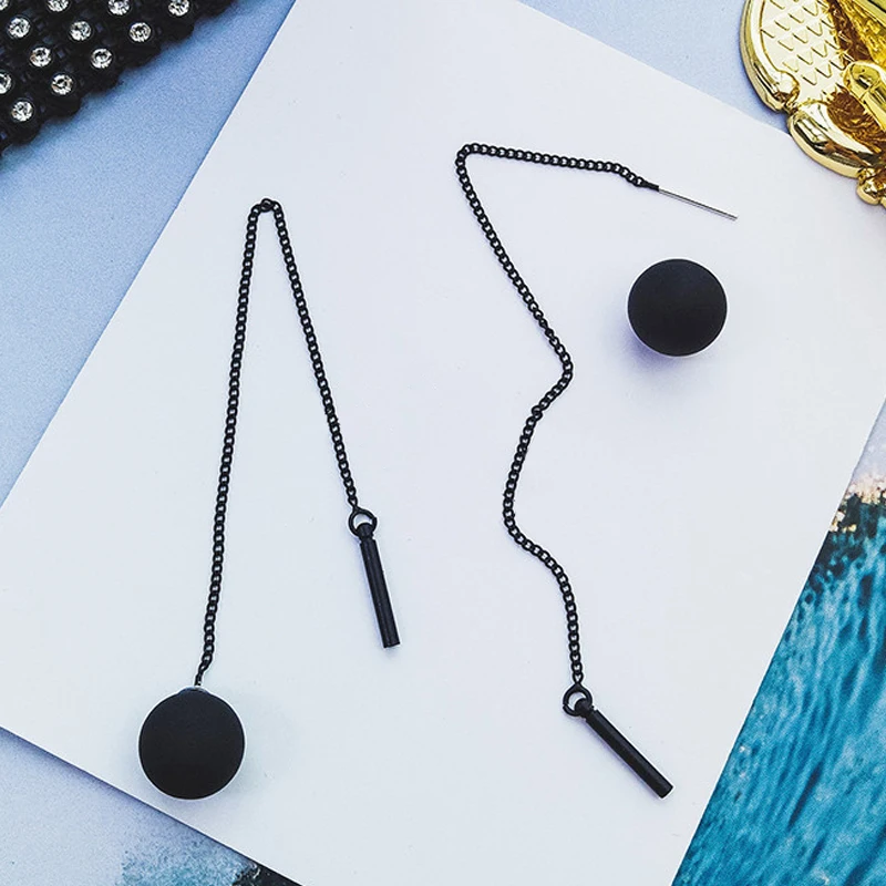 New Korean Temperament Black Matte Ball Pendant Earrings for Women Long Tassel Ear Line Hanging Earring Girls Party Jewelry Gift