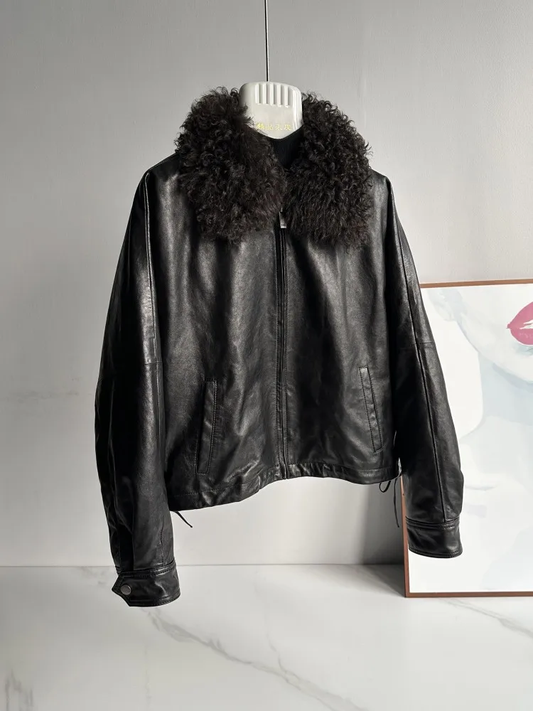 Vintage femmes veste en cuir véritable col en laine chaud vêtements d'extérieur décontractés coupe ample fermeture éclair Streetwear hiver huile cire manteau en peau de mouton