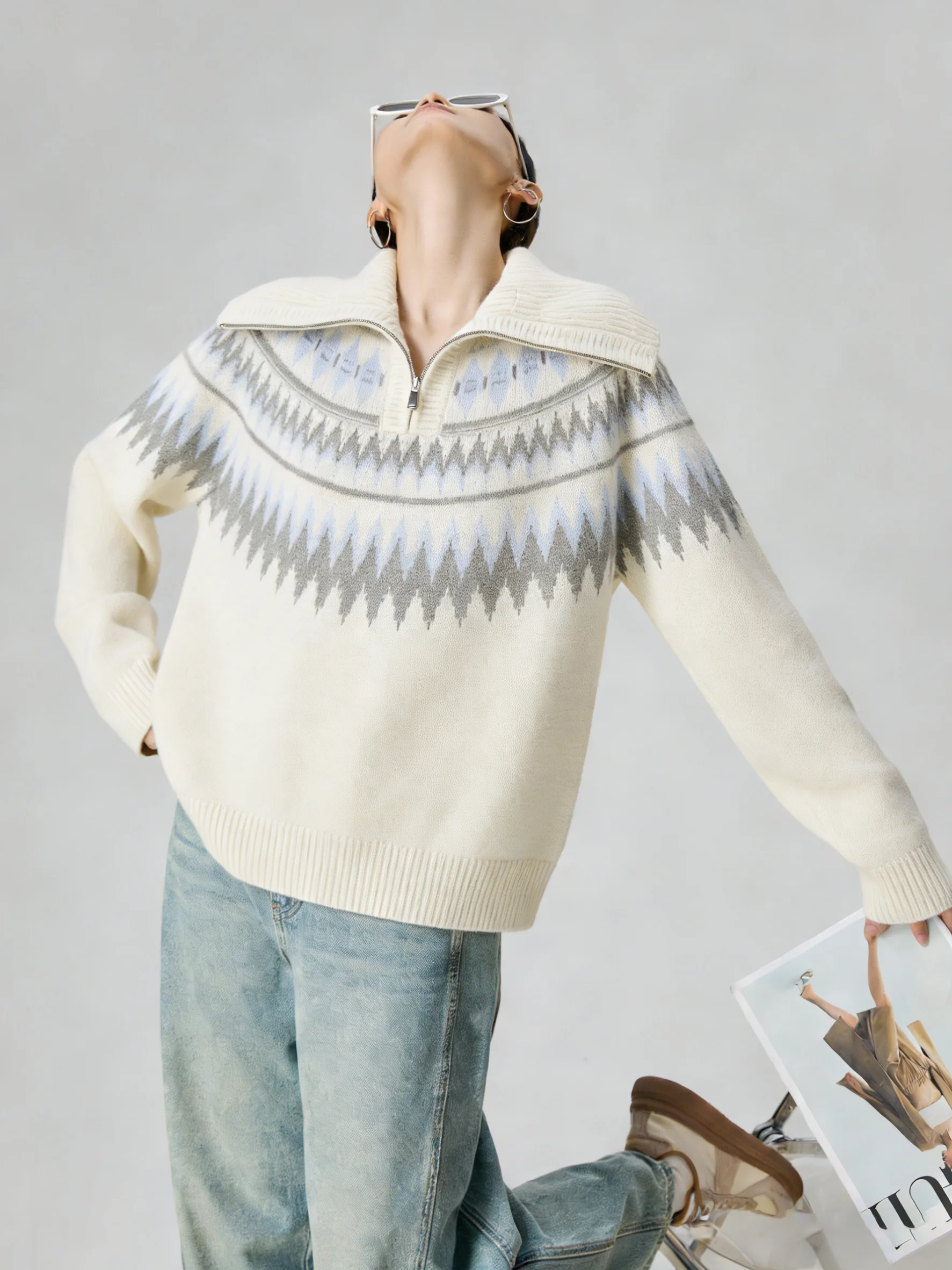 

Milk White Fair Isle Knitted Sweater Large Collar Women Loose Retro Top Not Colliding Model Vintage Daily Wear Polyester Fiber