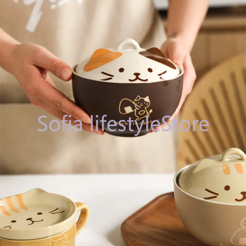 Japanese Cute Cat Cover Bowl Ceramic Soup Bowl Kawaii Instant Noodle Ramen Salad Baby Bowls Child Cartoon Decorative Dinnerware