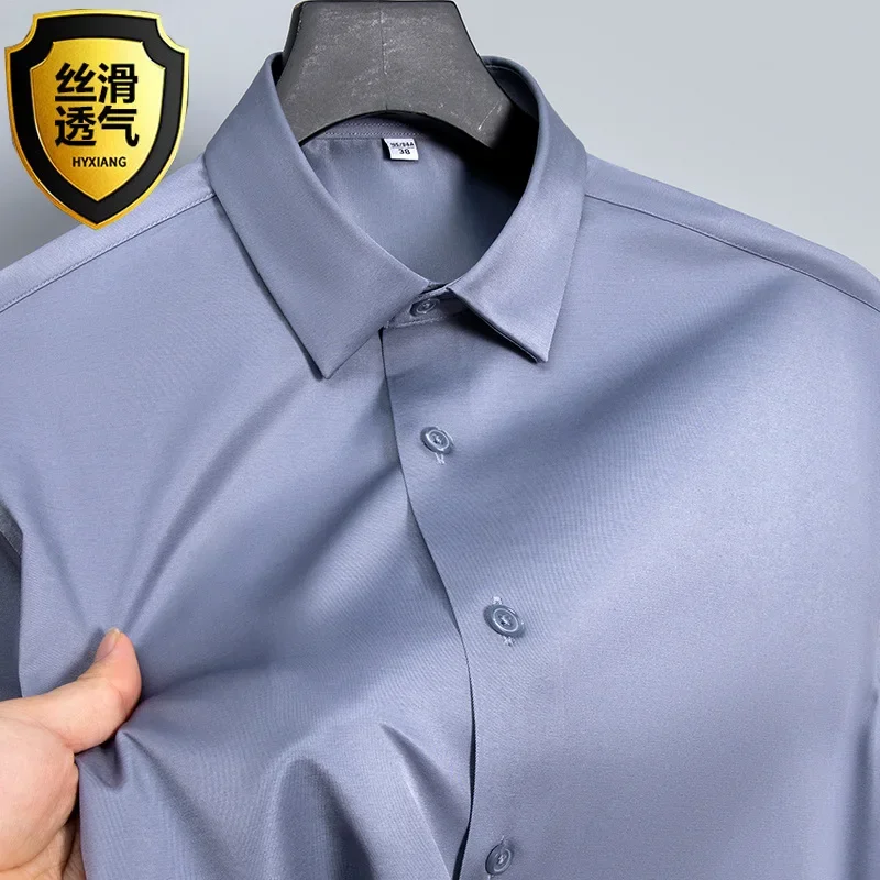 Sommerhemd, weißes, glänzendes, bügelfreies Herrenhemd, knitterfreies Herren-Businesshemd aus Eisseide, lässiges, hochwertiges, nahtloses Business-Hemd – Detail 10