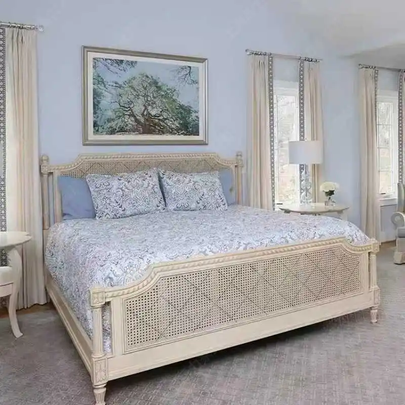 

Ja French rattan solid wood bed export white old retro high back princess bed