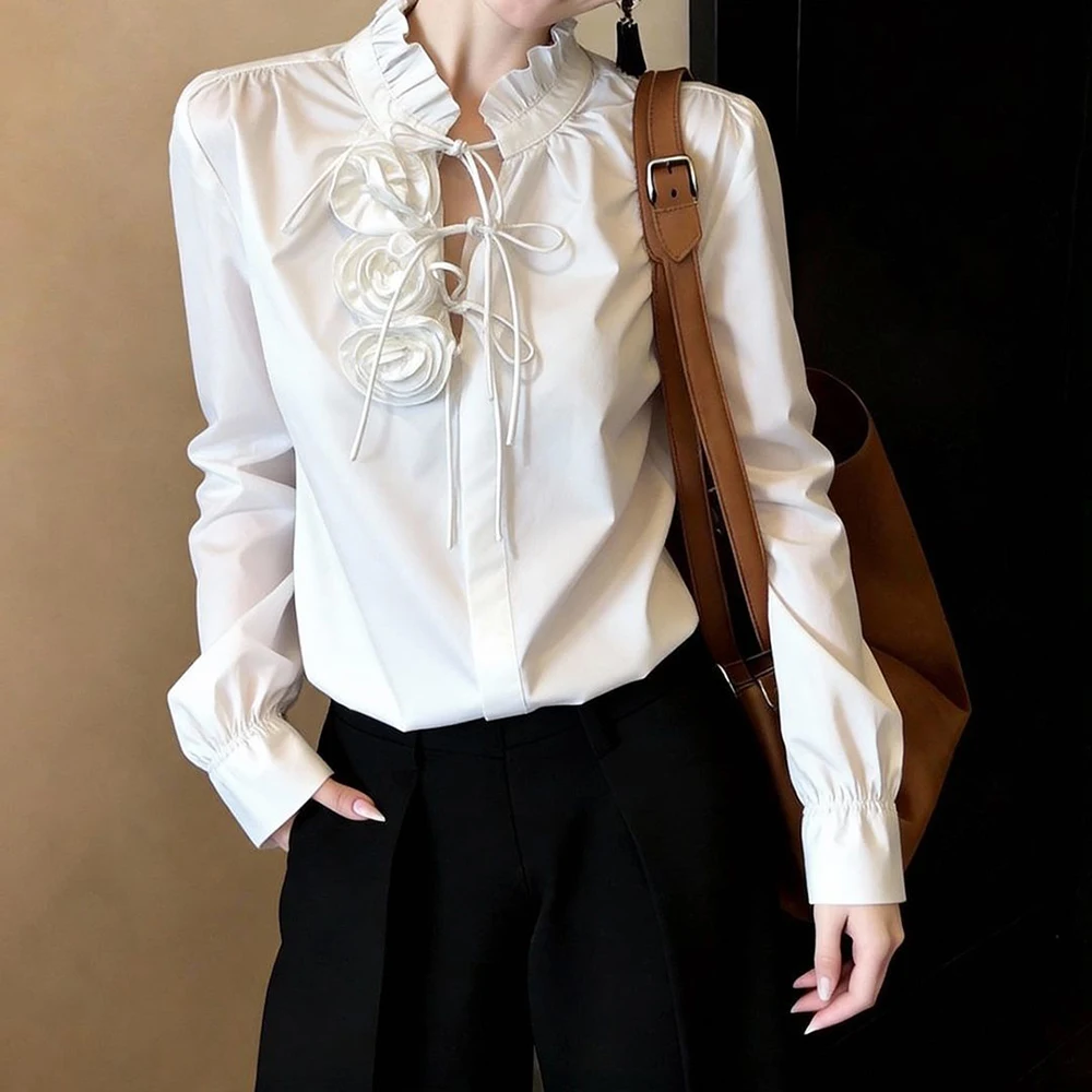 

Korean version of three-dimensional flower white shirt women's spring lace-up bow lace collar shirt Spice girl hollow top