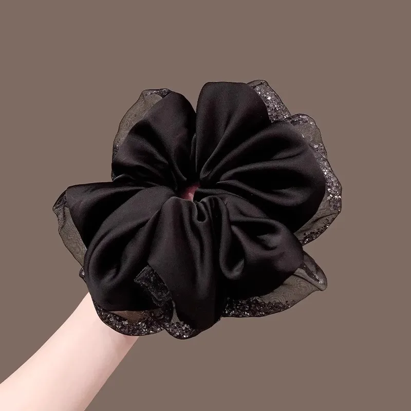Premium Large Satin Scrunchie Retro French Casual Style Soft Elastic Ponytail Holder for Women Black Daily Non Slip