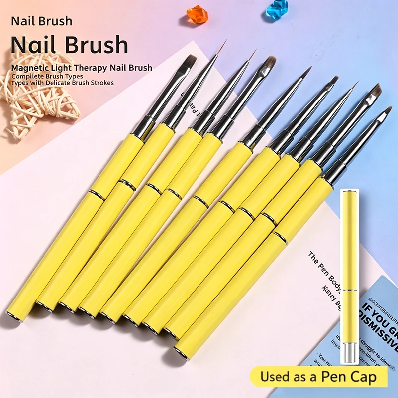 9Pcs Yellow Magnetic Metal UV Gel Nail Art Brush Set With Magnetic Caps For French Builder Liner Flower Gradient