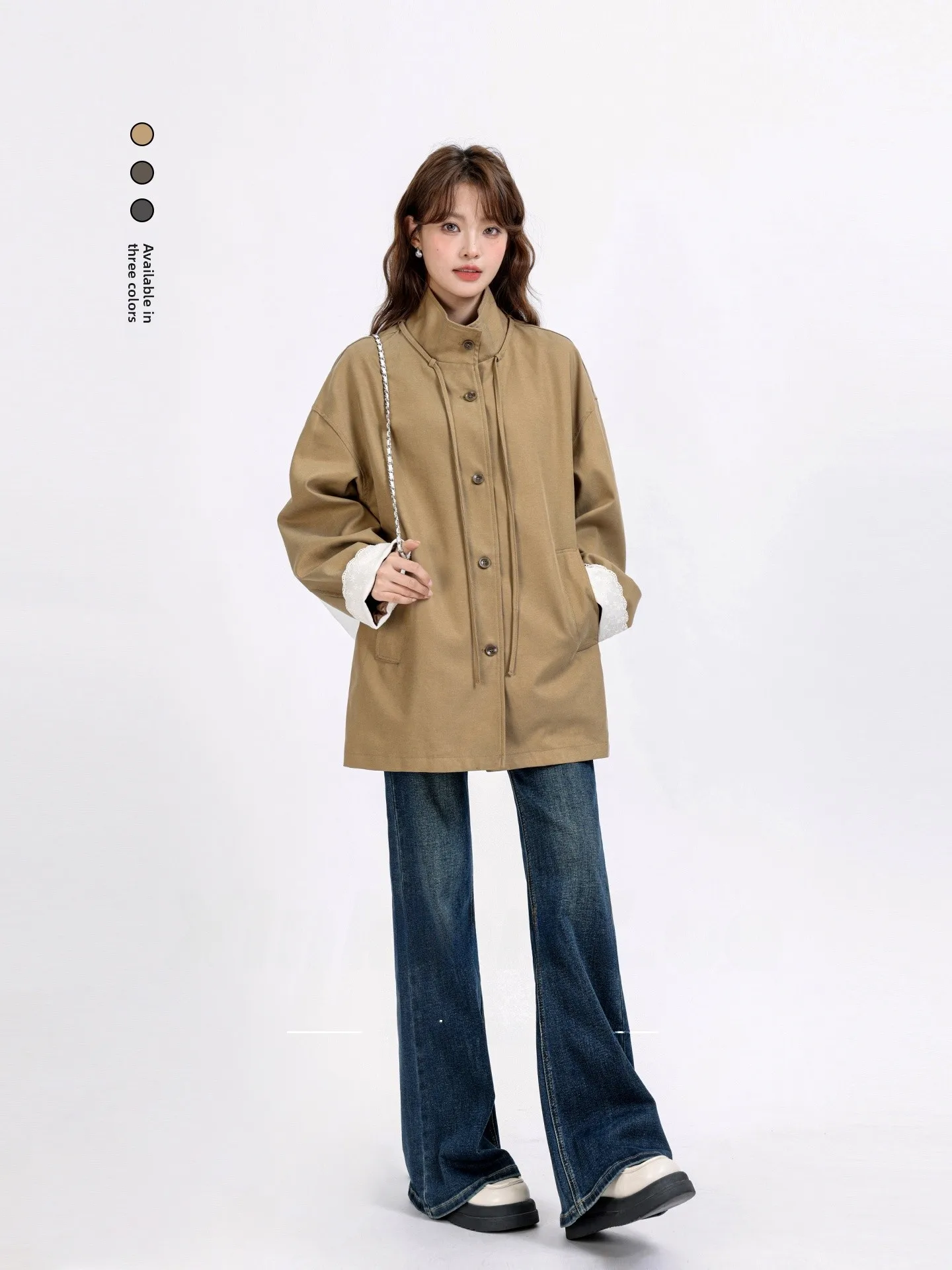 

Retro Lace Splicing Casual Sle Women's Jaet Coat Stand Collar Mid-Length Autumn Winter Outerwear Faion Commute