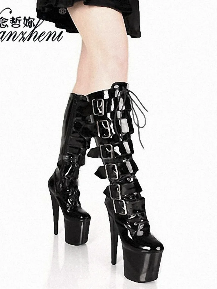 Exotic Dancer Boots Platform Thin Heels Belt Buckle Lace Up 6Inches Strip Pole Dance Gladiator Sexy Fetish Gothic Mature Retro