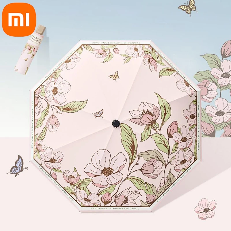 Xiaomi Windproof  Folding Travel Umbrella Compact Superior Beautiful with Black Anti-UV Coating Flowers Print for Women Gift