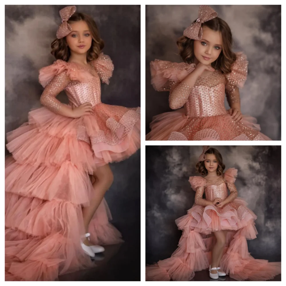 2024 New Elegant Tulle Kid Formal Dresses Shiny Daughter Birthday Party Dresses Full Sleeves Tiered Tulle Child Dress فساتين سهر