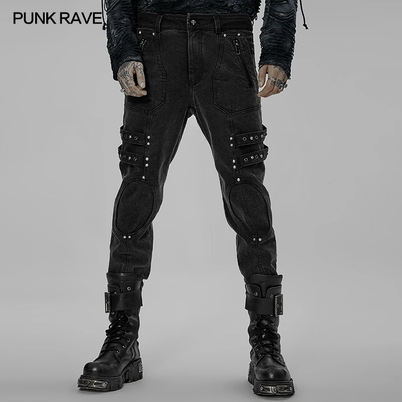 

PUNK RAVE Men's Post-apocalyptic Style Micro Elastic Twill Denim Pants Punk Pockets Loops & Eyelets Decorate Black Trousers