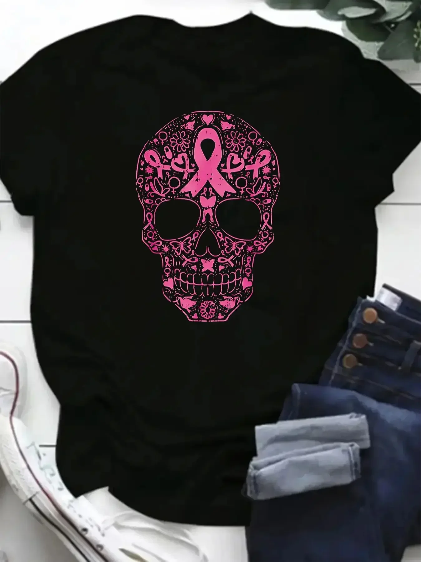 Fashion Pink ribbon grunt Leopard Skull Printed Women T-shirt Summer  Black Female Casual Round Neck Harajuku Tops Woman Clothes