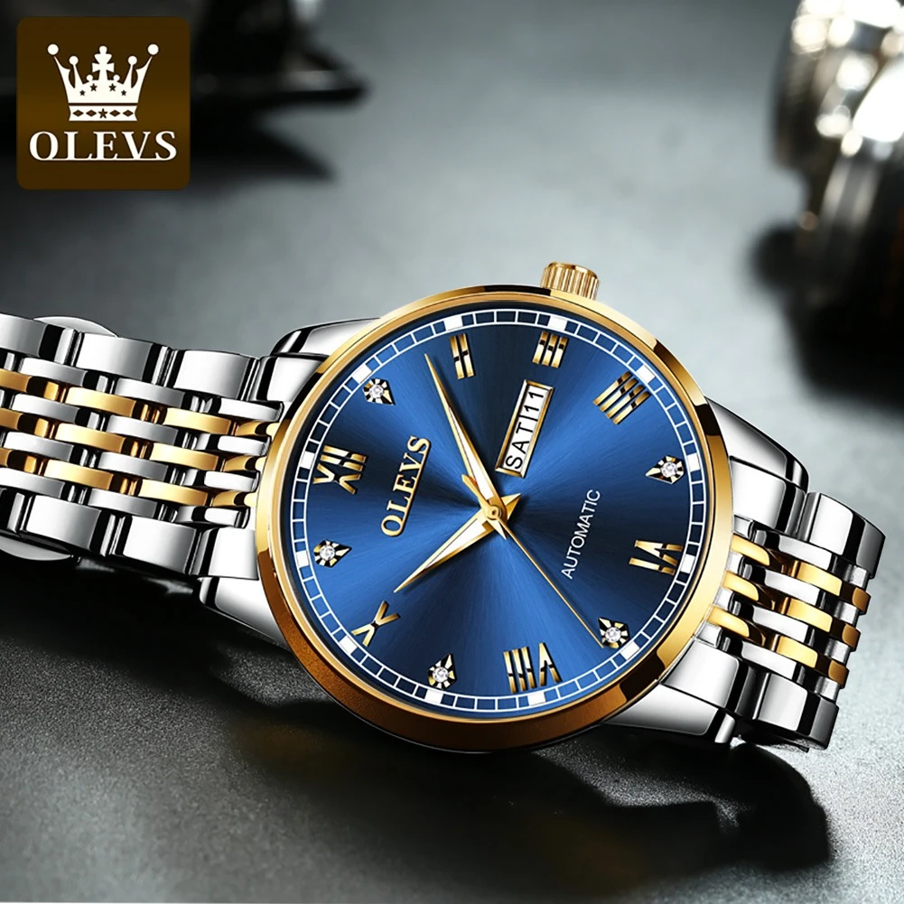 OLEVS 6602 Fashion Mechanical Watch Gift Stainless Steel Watchband Round-dial Wristwatch Week Display Calendar Luminous