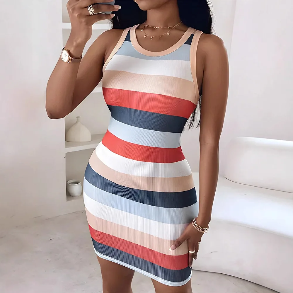 Sexy Tight Summer Sleeveless Dress With Fashionable Colorful Striped Print Knitted Slim Fit Sleeveless Design Dress Temperament