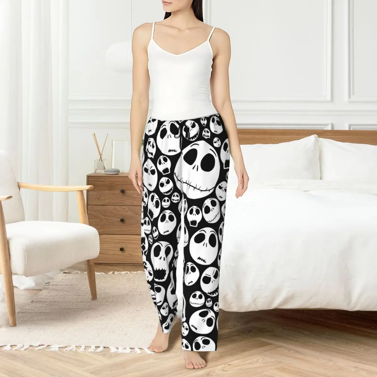 

Custom Print Jack Skellington Pajama Pants Womens The Pumpkin King of Halloween Town Sleep Sleepwear Bottoms with Pockets