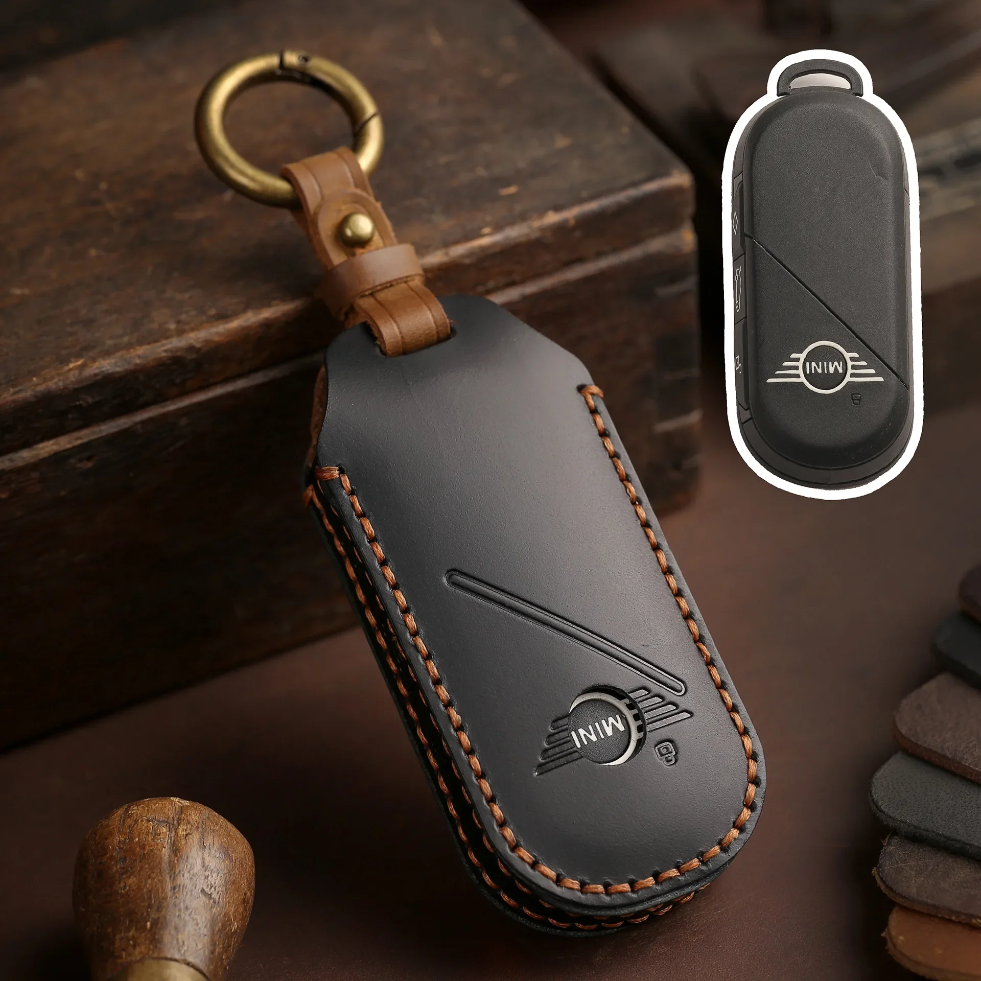Leather Car Fob Key Case Cover Protector for Bmw Mini Countryman Cooper One 2023 2024 Remote Accessories Holder Shell Keychain