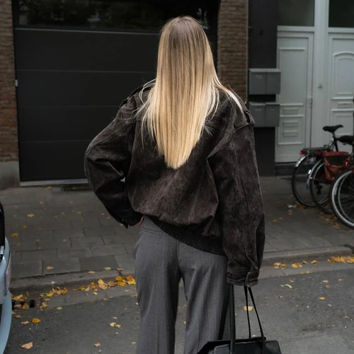 Imagen 2 del producto MUJER-Chaqueta Bomber de ante para mujer, chaquetas de entretiempo de gran tamaño para mujer, ropa de abrigo, abrigo de invierno, chaquetas con cremallera para mujer