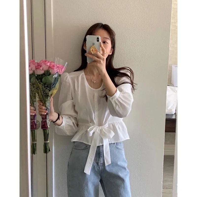

Chic Spring Simple round Ne Knot Waist Cinched Bubble Sve irt ort Women's Sweet Sle Pure Color Long S...