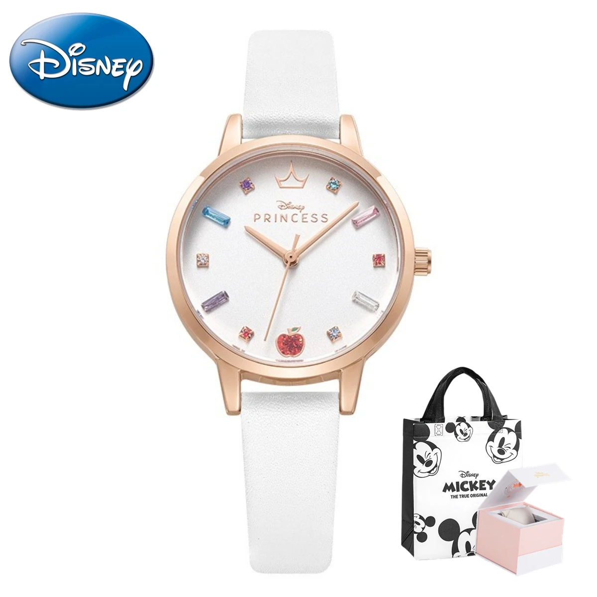 Disney Princess Series-Montre à quartz colorée pour filles, style doux, incrustation, lycéen, cadeau pour enfants avec boîte