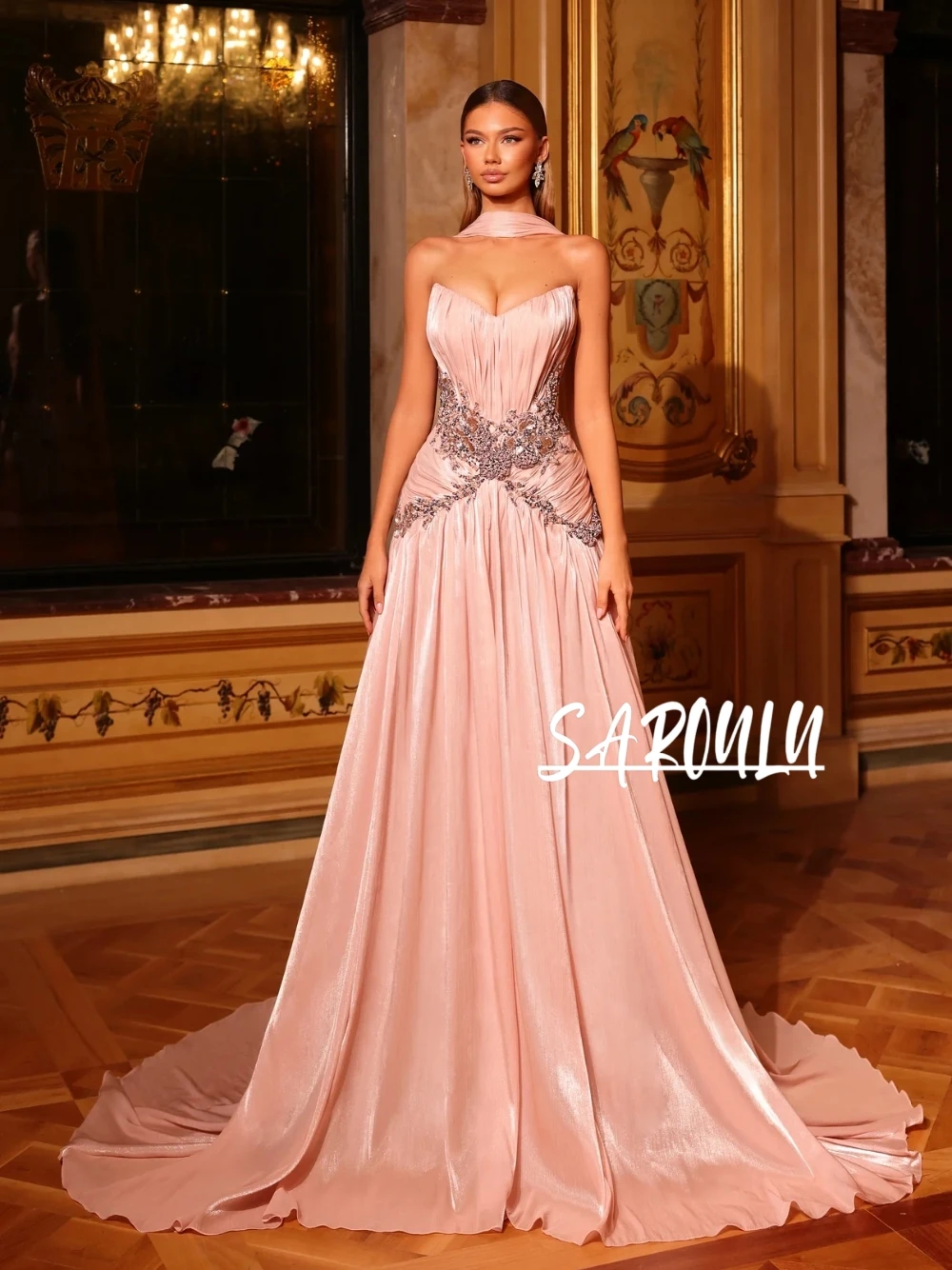 

Элегантное романтическое розовое атласное вечернее платье с мечтательным V-образным вырезом и бисером на талии, торжественное платье со шлейфом для подружки невесты, гала-вечеринки