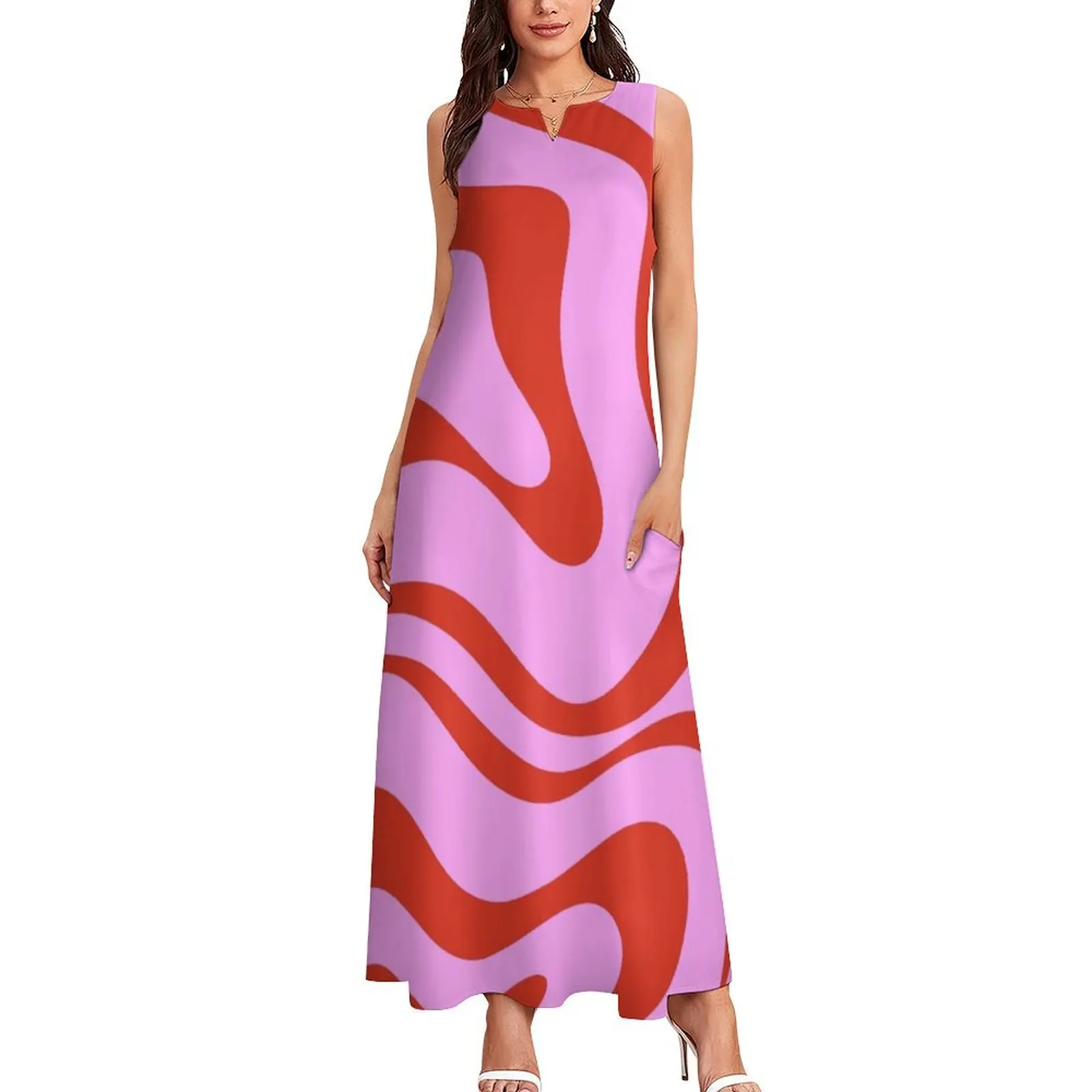 Modern Retro Liquid Swirl Abstract Pattern Square Red and Pink Long Dress Woman fashion evening dress woman