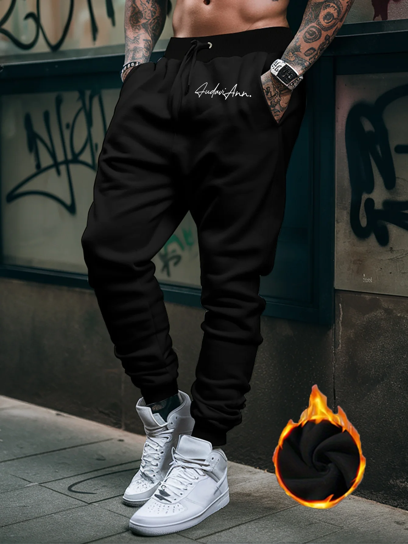 Mark‑styled Smooth Cursive Signature Name Art Motif Print Soft Warm Sweatpants Men Hip Hop Sports Jogger Trousers