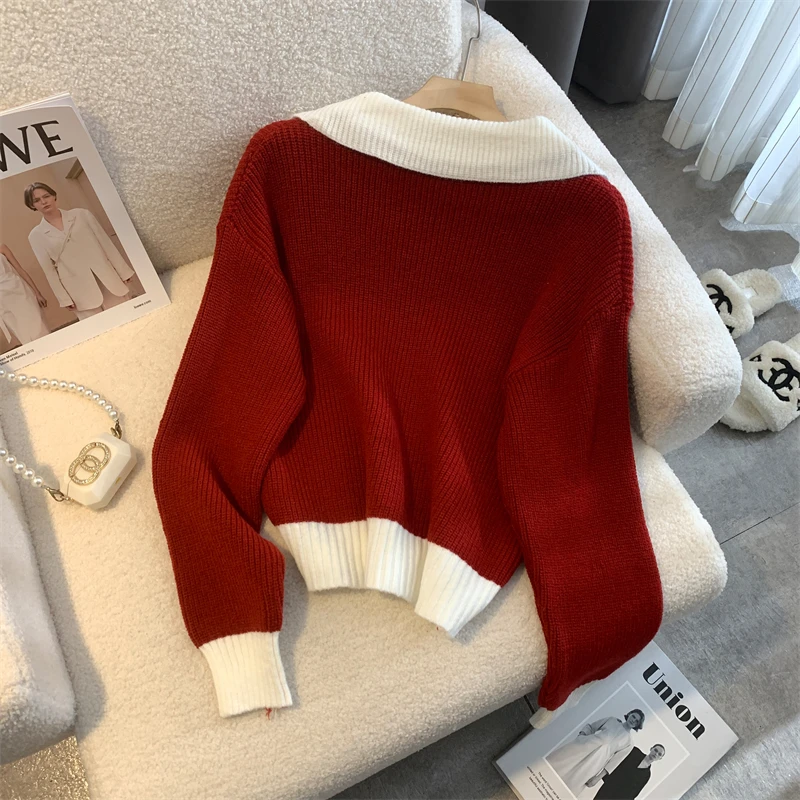 Navy collar red front shoulder knitted sweater with contrast stitching 2024 autumn and winter women style loose and slim