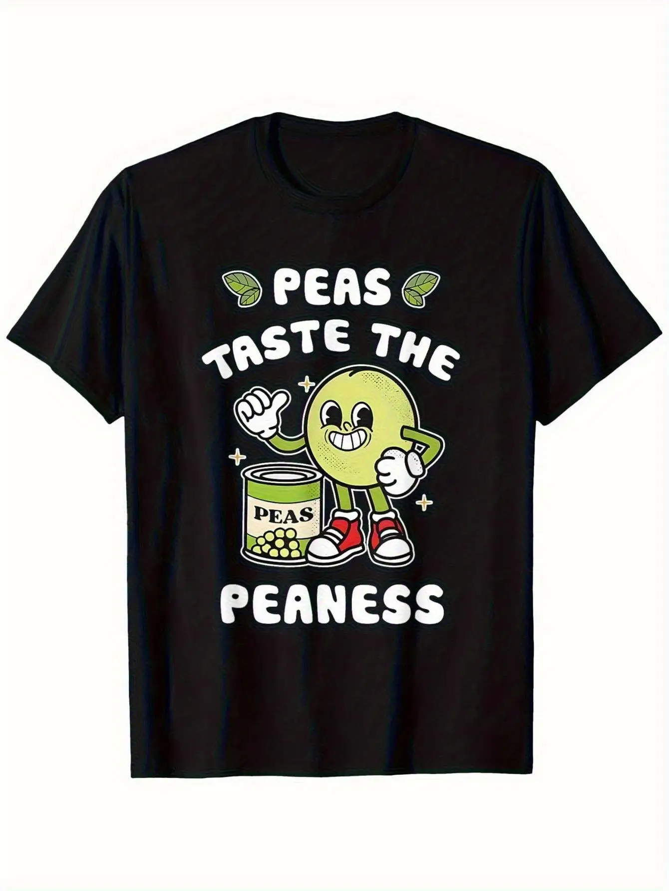 Men'S Fun Pea Pods And Pea Flavor Theme T-Shirt | Black Loose Short Sleeve Shirt With Cartoon Pea Pattern, Breathable Casual Style, Suitable For Daily Wear, Cute Food Theme Gift Choice (Size S-Xxl) - Suitable For All Seasons