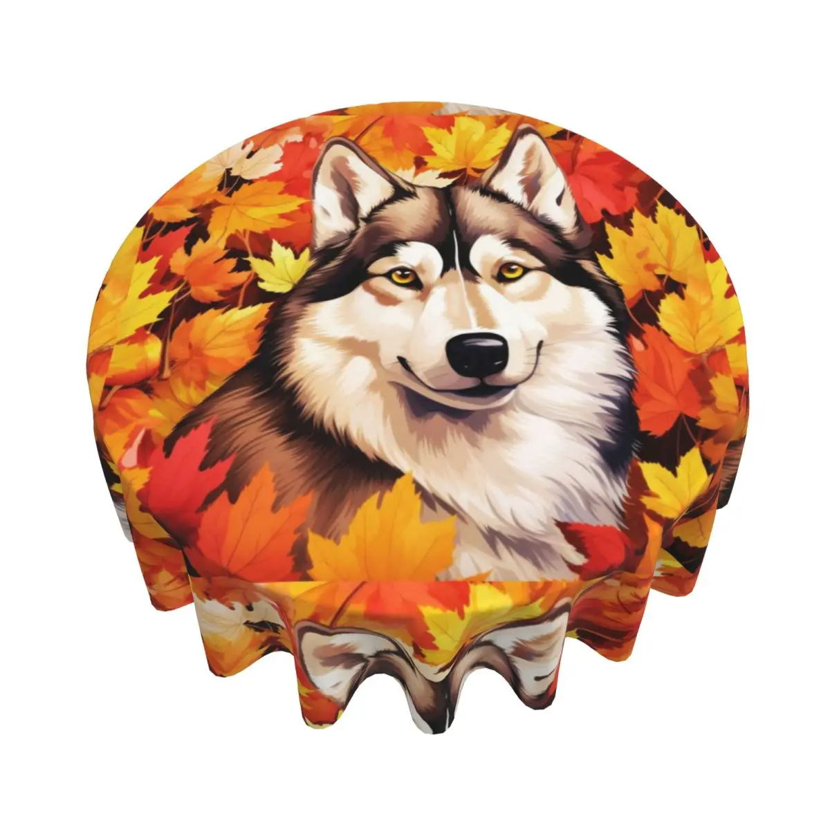 Autumn Fall Siberian Husky Dog Waterproof Round Tablecloth Oilproof Table Cloth for Kitchen Events Dining Table Cover 60 inch