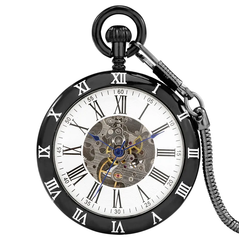 Reloj de bolsillo Steampunk con carcasa de bronce para hombre y mujer, relojes mecánicos automáticos con esqueleto, pantalla de número romano con cadena colgante Fob